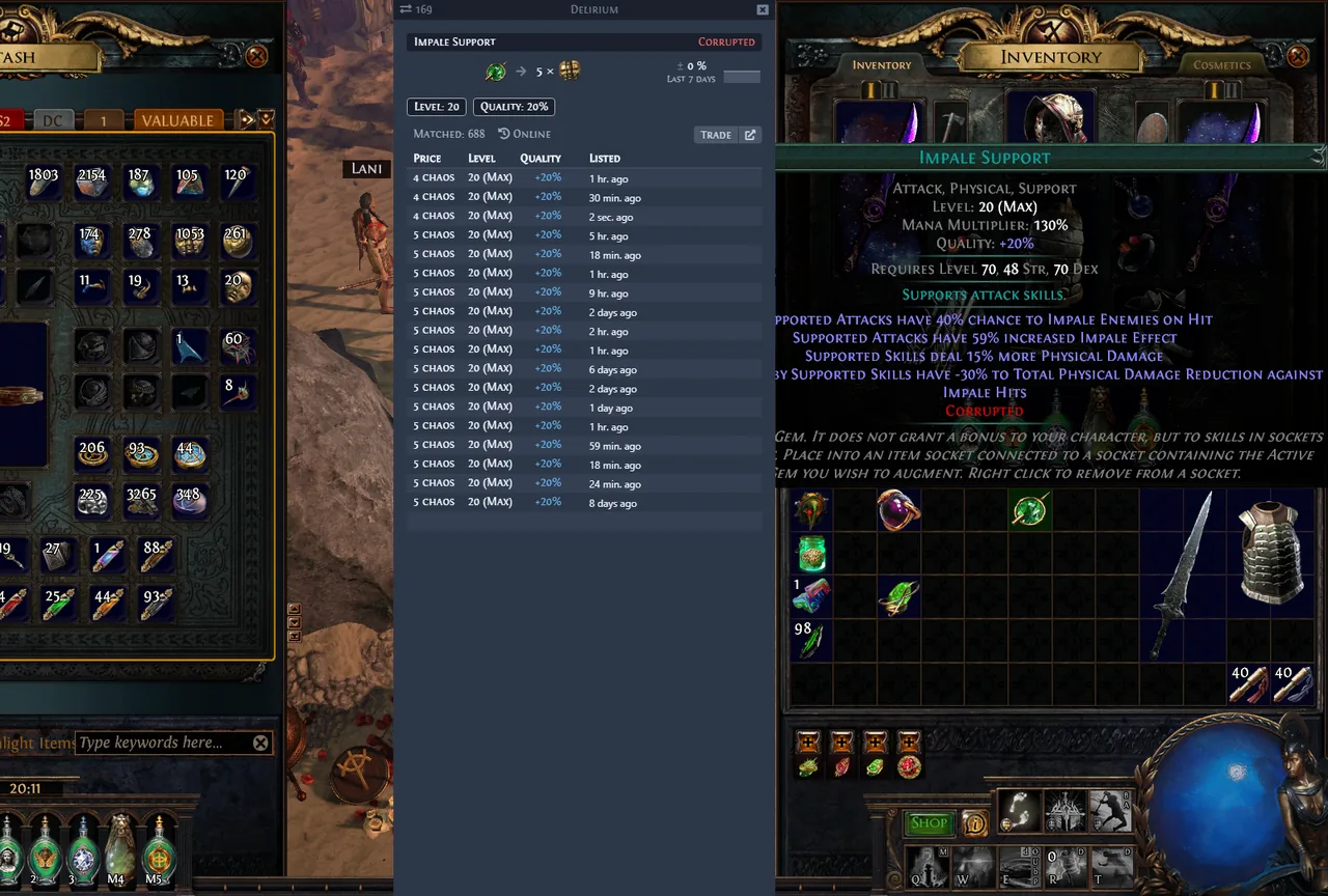 Awakened PoE Trade price checking a level 20 corrupted support gem in Path of Exile, with matched listings by level and quality