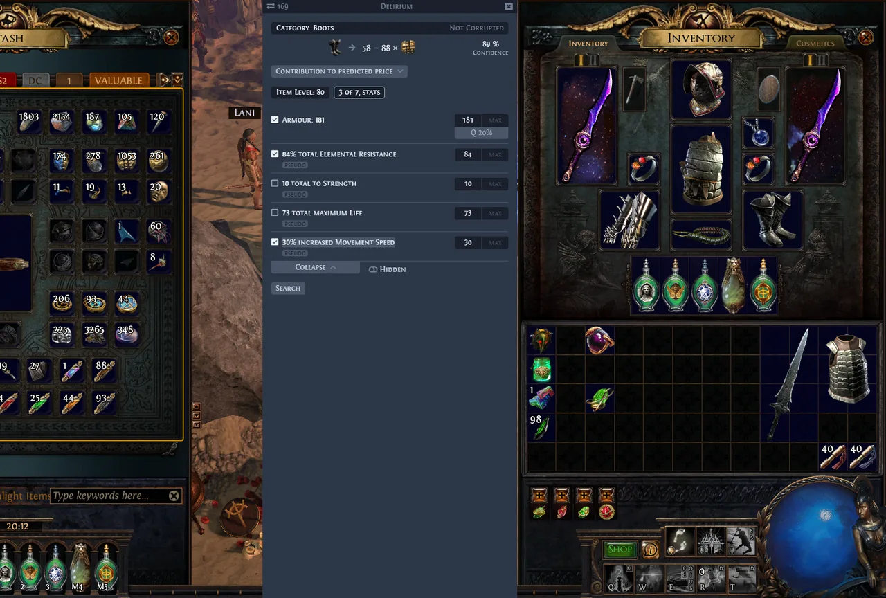 Awakened PoE Trade price check window open over Path of Exile, showing stat filters for a rare item and matching trade listings