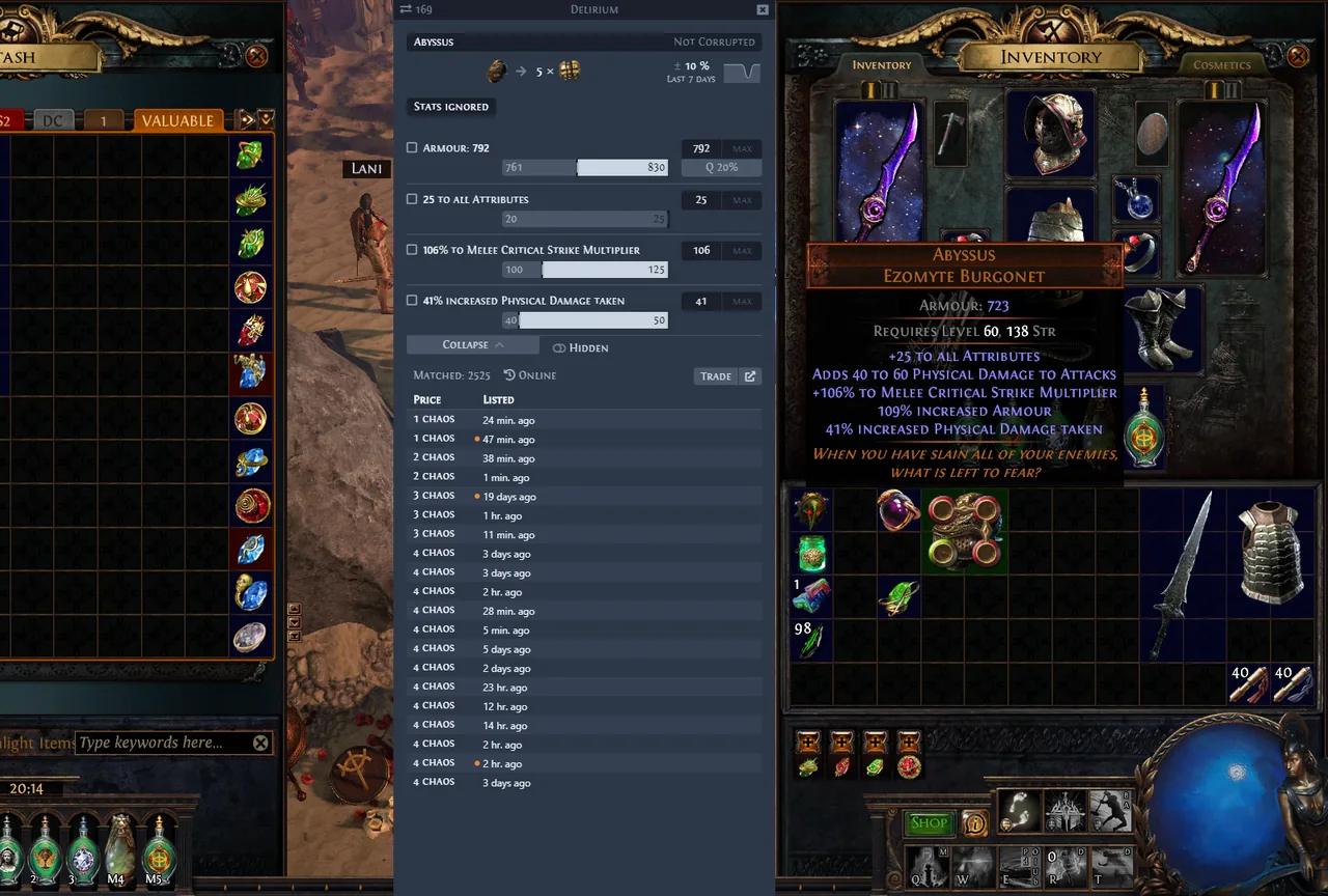 Awakened PoE Trade price checking a unique item in Path of Exile, showing roll ranges and current listings
